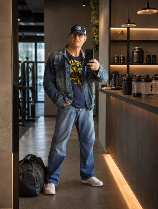 Pascal Saint James, post-workout mirror selfie in a modern fitness club. Casual style with denim, cap and gym bag, capturing a quiet moment between training and relaxation