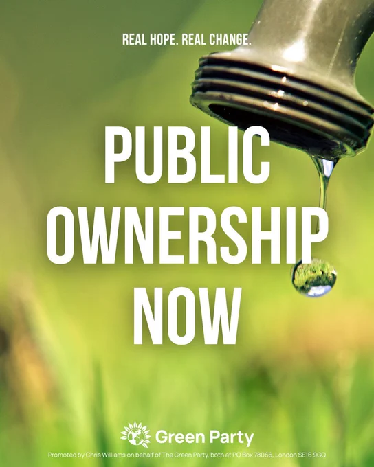 A tap with a singular water droplet flowing from it with text that reads "Public Ownership Now" over the top