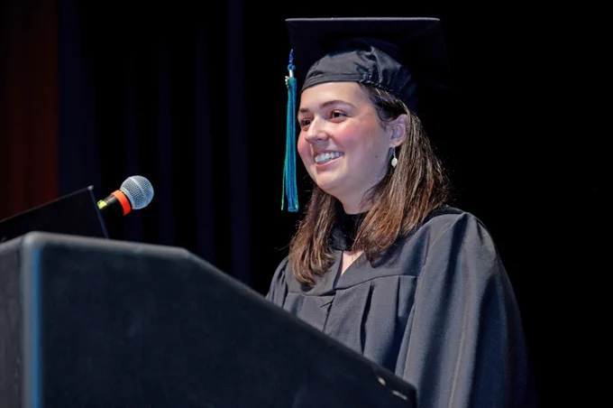 Harrison Award winner Zoe Markovic addresses the audience at Chesapeake College commencement ceremony.