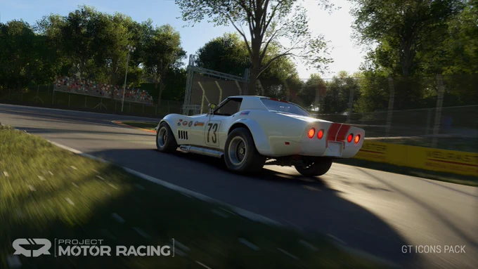 The 1973 Chevrolet Corvette C3 as rendered in the sim Project Motor Racing 