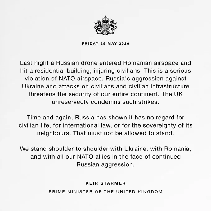 Graphic reading: Last night a Russian drone entered Romanian airspace and hit a residential building, injuring civilians. This is a serious violation of NATO airspace. Russia's aggression against Ukraine and attacks on civilians and civilian infrastructure threatens the security of our entire continent. The UK unreservedly condemns such strikes. 

Time and again, Russia has shown it has no regard for civilian life, for international law, or for the sovereignty of its neighbours. That must not be allowed to stand.

We stand shoulder to shoulder with Ukraine, with Romania, and with all our NATO allies in the face of continued Russian aggression.