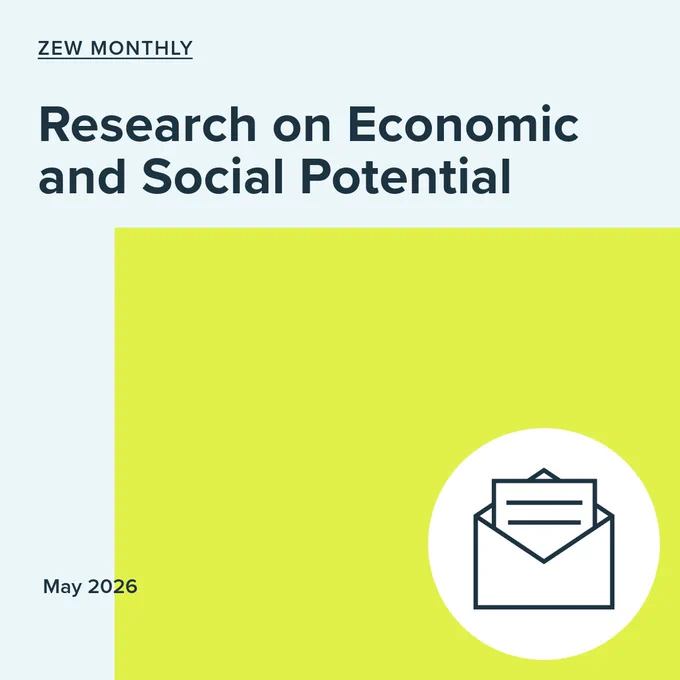Cover page of a ZEW Monthly report titled “Research on Economic and Social Potential.” The design features a light gray background with the heading “ZEW MONTHLY” at the top left and the report title in large dark-blue text. A large lime-green rectangular block occupies the lower-right portion of the page. In the bottom-right corner, a white circular icon contains a dark-blue illustration of an open envelope with a letter inside. The publication date, May 2026, appears in dark-blue text near the lower-left area. The overall layout is clean, modern, and minimalist.