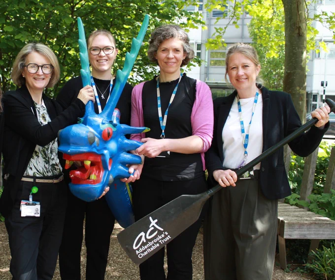 A group of people holding a dragon head and a paddle