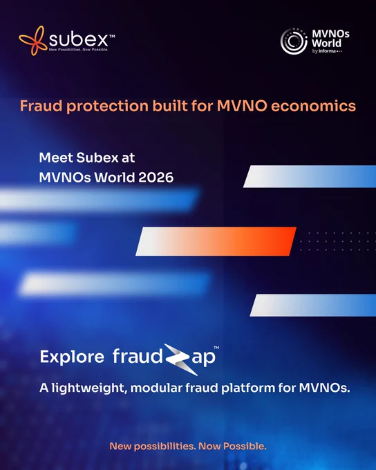 As MVNOs expand across digital onboarding, prepaid models, multi-market operations, and partner-led ecosystems, fraud risks can quickly impact margins, customer trust, and operational efficiency.

 

Traditional fraud platforms can be too heavy for many MVNO business models. FraudZap™ by Subex offers a lightweight, modular approach built for MVNO economics, helping operators strengthen fraud response without added complexity.

 

At MVNOs World 2026, Subex will be discussing how FraudZap™ can help MVNOs detect fraud faster, protect margins across high-risk journeys, and deploy modular AI-led fraud capabilities based on business needs.

 

Arundeep Sivaraj, Director - Business Consulting, and Nilanjan Kanjilal, Regional Vice President - Sales, will be attending MVNOs World 2026.

 

Connect with Subex in Amsterdam to explore FraudZap™ for the MVNO segment.
 

#MVNO #MVNE #MVNOsWorld26 #Telecommunications #Fraud #NewPossibilitiesNowPossible #Subex