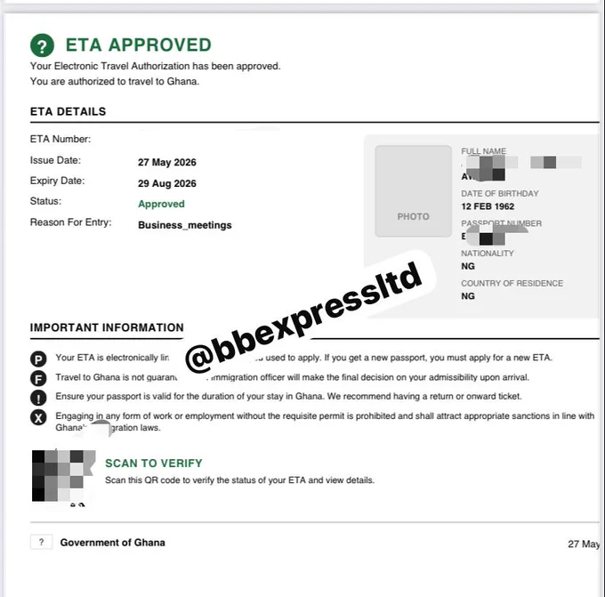 Another Ghanian ETA for a Nigerian client. 

Do you have an upcoming trip to Ghana? Slide into our dm for us to assist you with your ETA at an affordable price. 

Send a WhatsApp message 234-708-754-3819 
#GhanianETA #TriptoGhana #Nonappearancevisa #no1visaconsultant #visaapproval