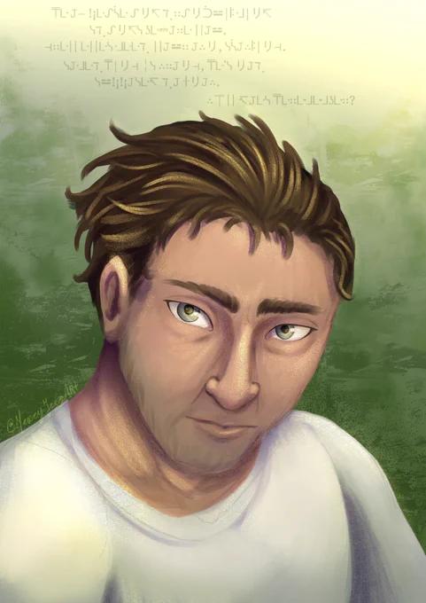 A digital painting of Bdubs. He is looking directly at the viewer. The background is a mix of various mossy greens and light yellows. He has short, slicked-back hair and grey eyes. He looks angry and confrontational. There is galactic standard text above him.