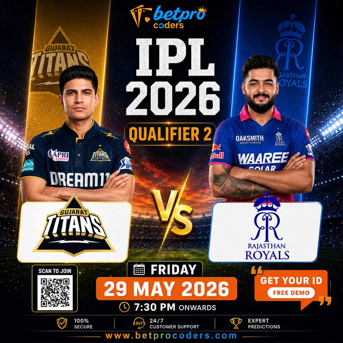 Gujarat Titans vs Rajasthan Royals playoff match image for IPL 2026 featuring players, team logos, fire effects and high-pressure eliminator visuals.