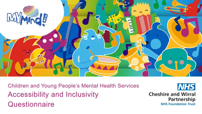 A graphic of cartoon people playing different instruments. The text says, "MyMind. Children and Young People's Mental Health Services. Accessibility and Inclusivity Questionnaire. NHS Cheshire and Wirral Partnership."