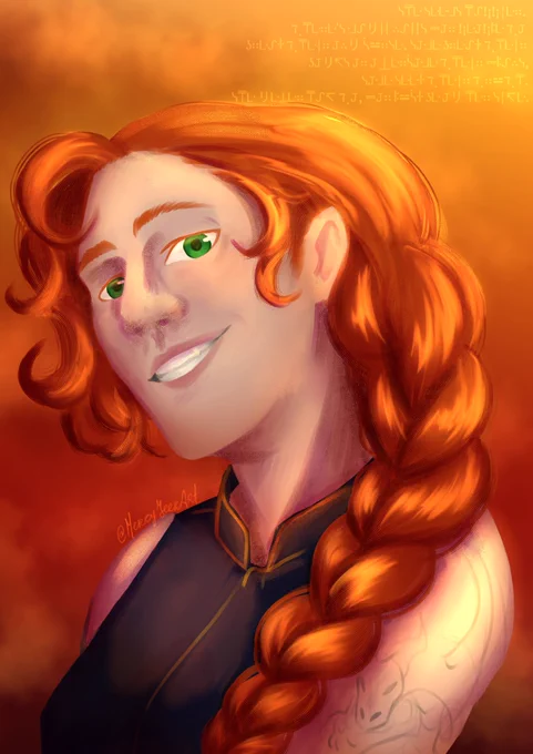 A digital painting of Gem. She is smiling at the viewer at a 3/4ths angle. She has long hair that is braided in a thick braid, laying over her shoulder. She has a dragon tattoo on her arm. Her background is a fiery orange to yellow. There is Standard Galactic text above her.