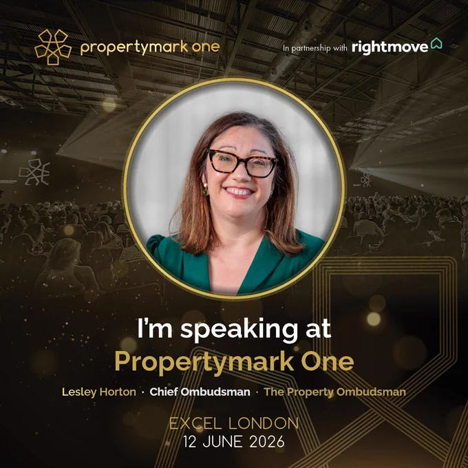 Promotional graphic for Propertymark One. A circular portrait of a speaker, a smiling woman wearing a green jacket, is centred against a dark background showing a conference audience and stage lighting. 