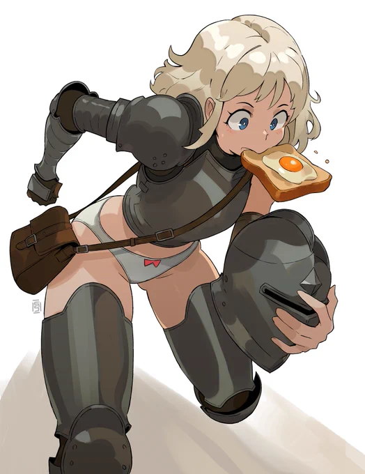 A knight, running, female, bread slice in mouth, holding a helmet, panties visible, wearing incomplete armour, wearing a satchel bag.