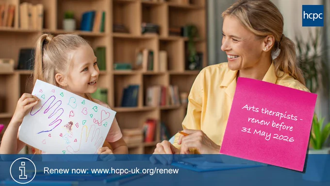 Child showing artwork to a woman during a creative therapy session, with notice about arts therapists renewal closing 31 May 2026.