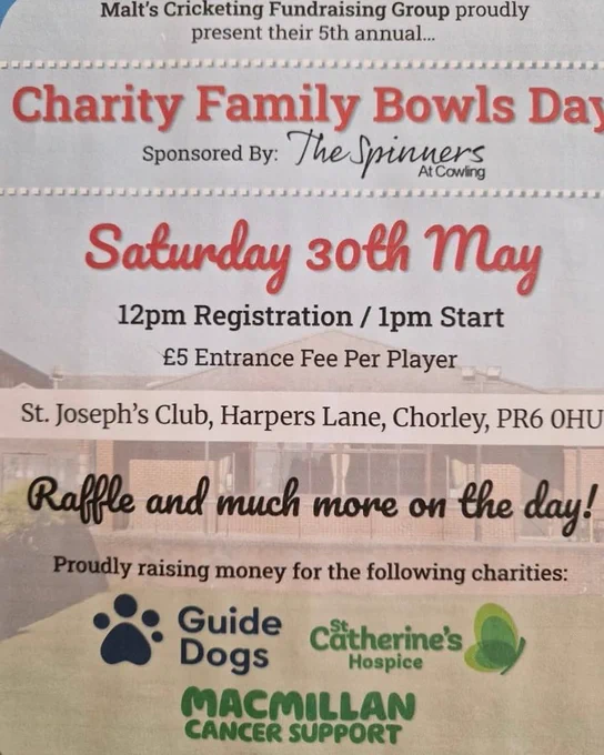 Photo shows a poster advertising the Family Bowls Day on Saturday 30 May at St Joseph’s, Harpers Lane, Chorley