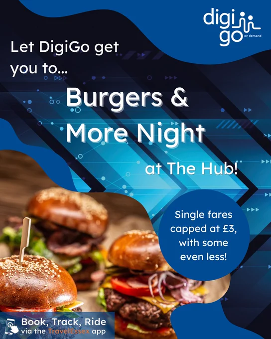 DigiGo advert for Burgers & More Night at The Hub, featuring burgers and transport information.