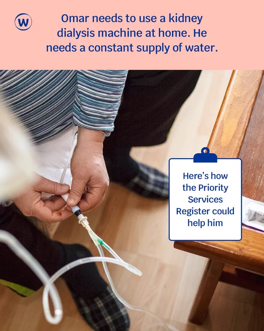 Text reads: Omar needs to use a kidney dialysis machine at home. He needs a constant supply of water. The background is a peach colour, and the blue Ofwat logo (a 'W' in a circle) is in the top left-hand corner of the graphic. Text reads: Here's how the Priority Services Register could help him. This text is blue and is on a blue and white clipboard icon. The text is overlaid on a close-up photo of a man at home, holding a plastic medical tube in his hand.