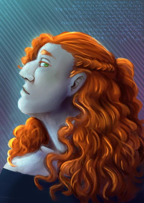 A digital painting of Cleo. They are turned to the side, looking at the viewer. She has her bright orange curly hair half tied back in a small ponytail. It flows over their shoulder. There galactic standard text above them.