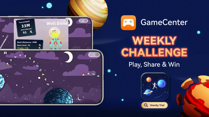 HUAWEI AppGallery Weekly Challenge announcement for the mini game “Gravity Trial”. Mobile gamers can compete in a space adventure challenge, earn leaderboard rankings, and win AppGallery vouchers by sharing their scores on Discord between May 29 and June 4.