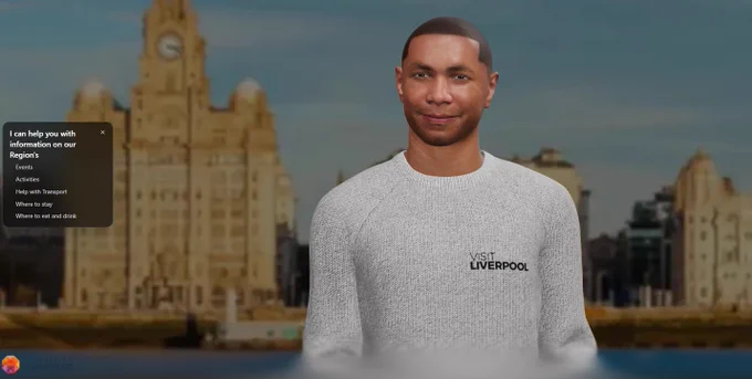 An AI generated person wearing a grey jumper infront of a background of Liverpool's pier Head.
