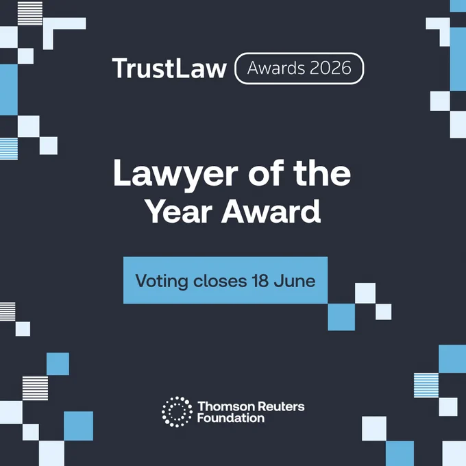 A social media tile for the 2026 TrustLaw Awards which says: 'Lawyer of the Year Award. Voting closes 18 June.' The TrustLaw and Thomson Reuters Foundation logos are also featured.