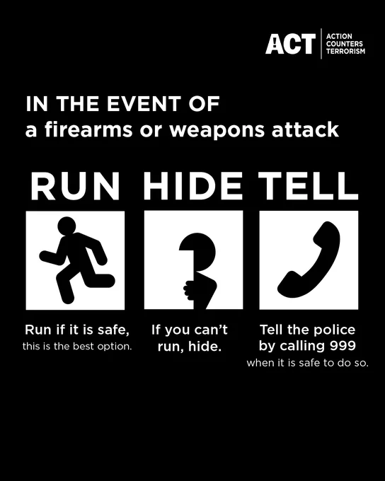 Advice for firearms or weapons attack: Run, Hide, Tell. Includes icons for running, hiding, and calling 999.