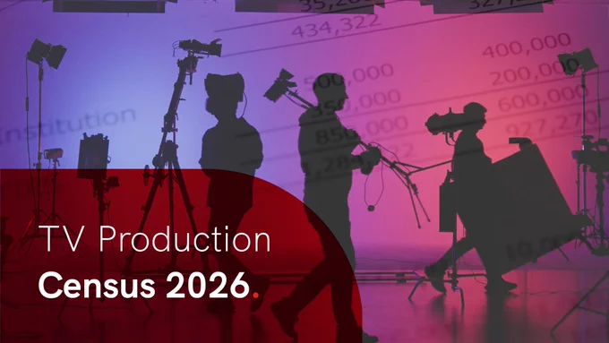 Silhouettes of a TV production crew operating cameras and equipment against a colorful backdrop with census data projections. In the lower left is a semi-opaque red curved overlay with the words 'TV Production Census 2026' in white.