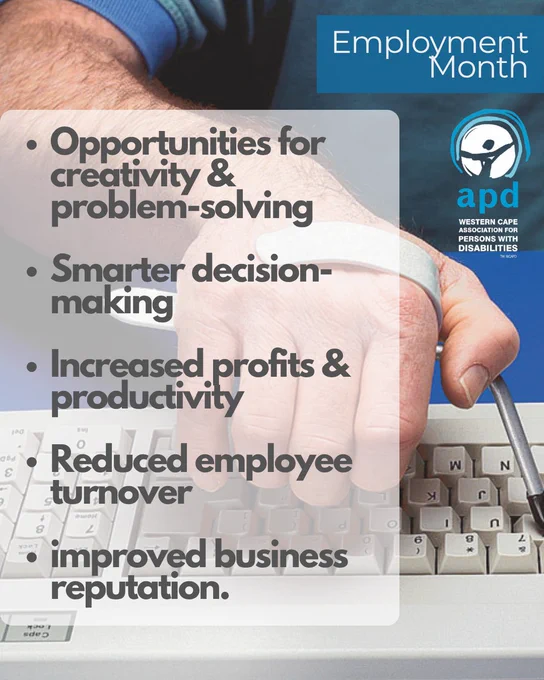 A branded image of a close-up photo of someone using a hand splint to type on a keyboard.  Down the left side is a transparent white block containing dark grey text as per the content of this post and at top right is a blue block containing white text "Employment Month"
