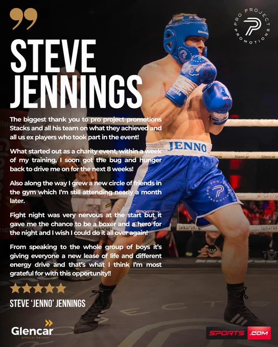 A boxer named Steve Jennings in the ring, showcasing his journey and gratitude after a charity boxing event.