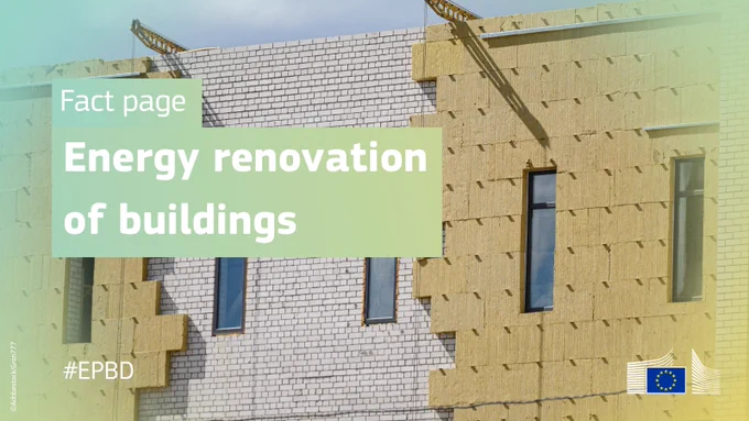 A modern building under construction in the background, overlaid with a semi-transparent yellow and green frame. In the foreground, the text reads 'Fact page: Energy renovation of buildings'. The bottom left shows the hashtag #EPBD, and the bottom right features the European Commission logo.