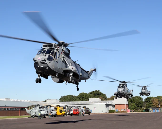 The final flight of Sea Kings arrive at HMS Sultan, in 2018.