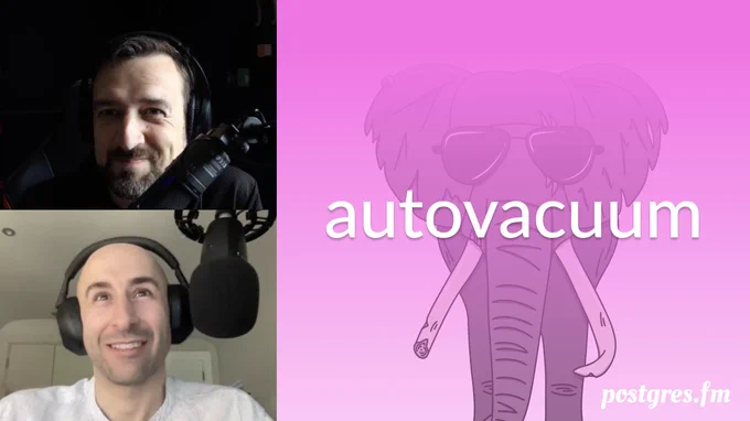 Pictures of Nik and Michael mid-recording, the episode title "autovacuum", against a pink backround with an elephant wearing sunglasses.