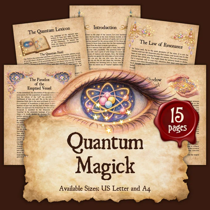 Within this grimoire, you shall enter the hidden architecture of the Primordial Field and learn the sacred principles that govern resonance, perception, and manifestation.
These pages unveil advanced teachings on subconscious influence, timeline convergence, and the mysterious mechanics through which reality bends before focused will.
You shall study the Observer’s Creed, the Law of Resonance, and the subtle art of wave-collapse reversal.
Through shadow work, gnosis rites, and daily alignment practices, the seeker is taught to reshape the inner vessel and awaken deeper mastery over the unseen currents of existence.

TOPICS:
Introduction
The Quantum Lexicon
The Law of Resonance
The Observer’s Creed
The Zero-Point Gateway (A Gnosis Technique)
The Rite of Wave-Collapse Reversal
Shadow Work for the Field
The Manifestation Protocols
The Anatomy of the Primordial Field
The Trinity of Daily Alignment
The Oracles of Timeline Convergence
The Subconscious Architecture of the Fie