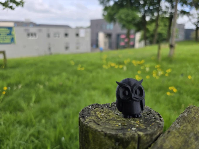 a 3d printed owl in a field with a building behind 