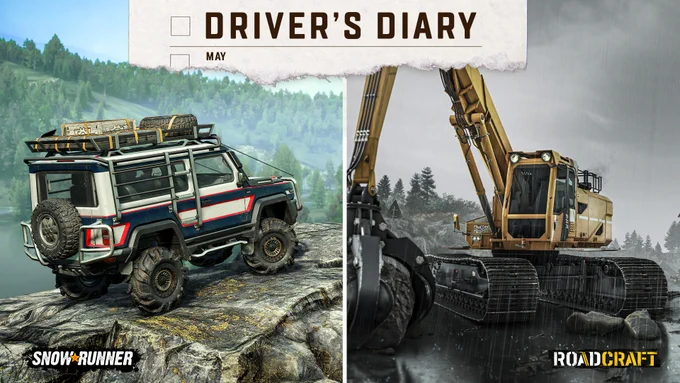 Off-road vehicle navigating rocky terrain in a forested area under cloudy skies from SnowRunner game.