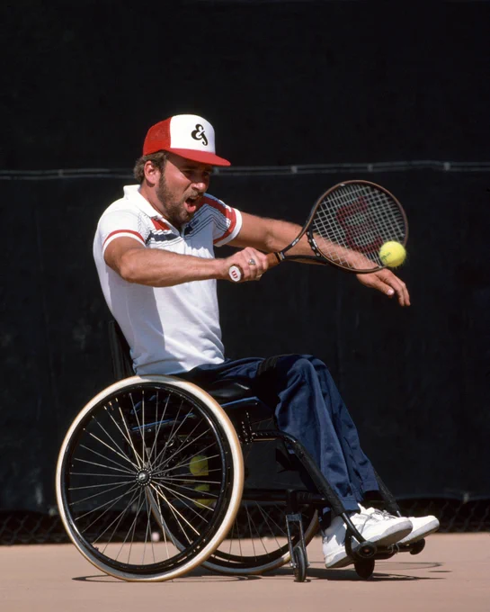 Californian, Brad Parks, founder of wheelchair tennis in 1976, at the sport’s 1986 US Open, the forerunner to inclusion in the Grand Slam in 2005.  (Photo by Todd Friedman/Popperfoto via Getty Images) 