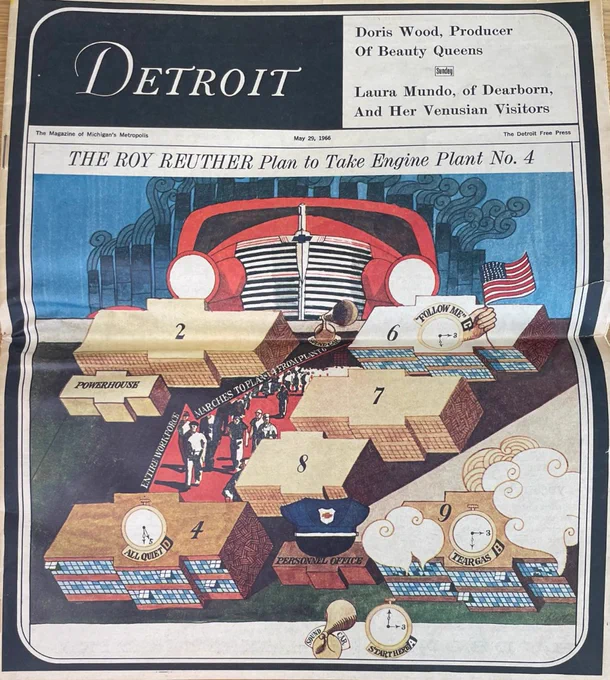 Front page of the May 29, 1966, Detroit Free Press, with the headline: "THE ROY REUTHER Plan to Take Engine Plant No. 4." The front page also features an illustration showing the different GM factories that were involved in the UAW's 1936-37 Flint Sit-Down Strike. 