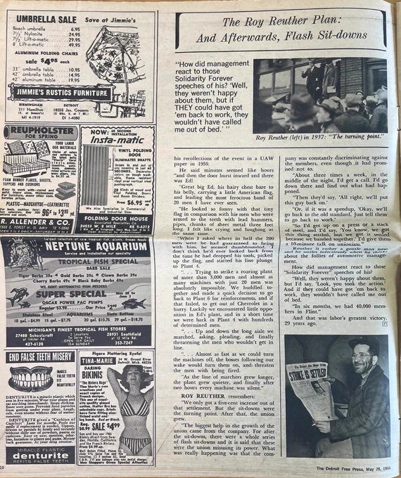 Continuation of the May 29, 1966, front page Detroit Free Press main article. This page is titled: "The Roy Reuther Plan: And Afterwards, Flash Sit-Downs." 