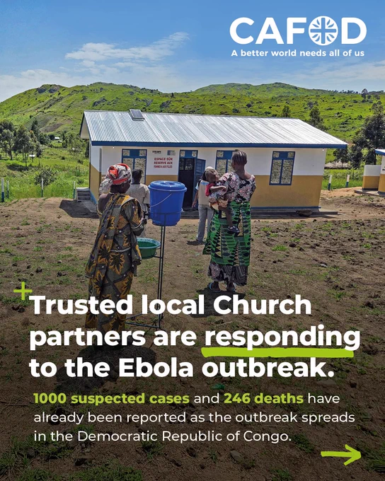 A photo showing an outdoor washing facility and people stood outside a medical building in the Democratic Republic of Congo.

"Trusted local Church partners are responding to the Ebola outbreak.

1000 suspected cases and 246 deaths have already been reported as the outbreak spreads in the Democratic Republic of Congo. 