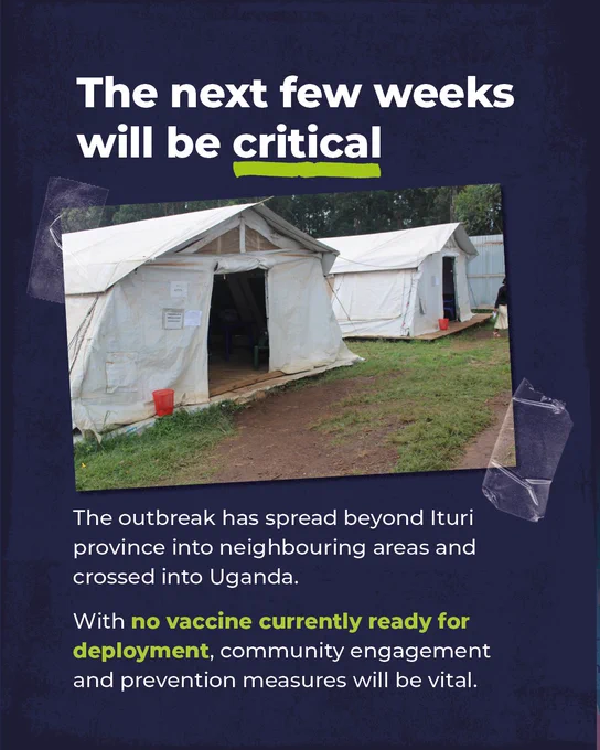 A photo showing white tents.

"The next few weeks will be critical.

The outbreak has spread beyond Ituri province into neighbouring areas and crossed into Uganda.

With no vaccine currently ready for deployment, community engagement and prevention measures will be vital." 