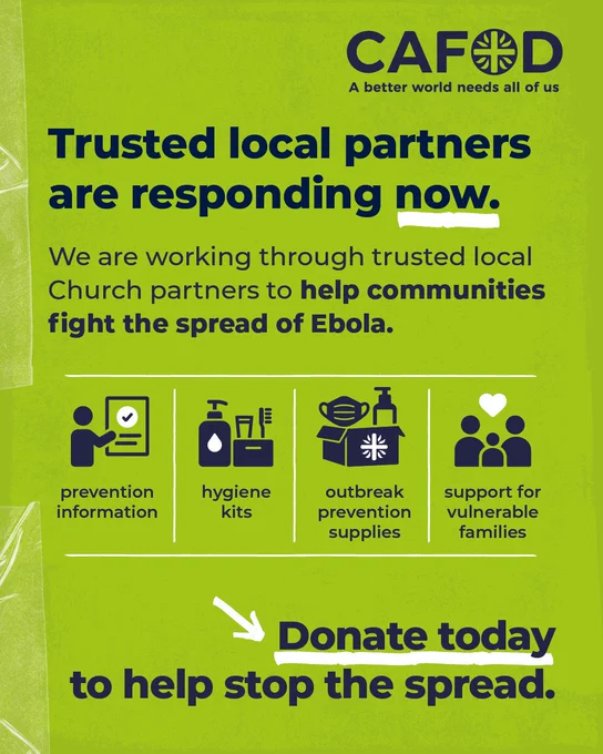 A graphic featuring icons showing the different forms of assistance being provided.

"Trusted local partners are responding now.

We are working through trusted local Church partners to help communities fight the spread of Ebola.

- Prevention information
- Hygiene kits
-Outbreak prevention supplies 
- Support for vulnerable families.

Donate today to help stop the spread." 