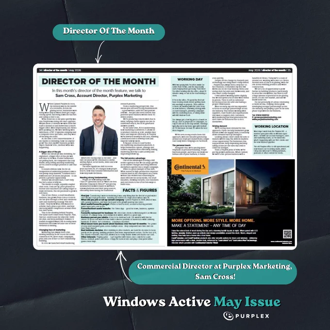 Magazine spread featuring Sam Cross as Director of the Month in Windows Active May Issue. The layout includes text, a portrait, and an advertisement.