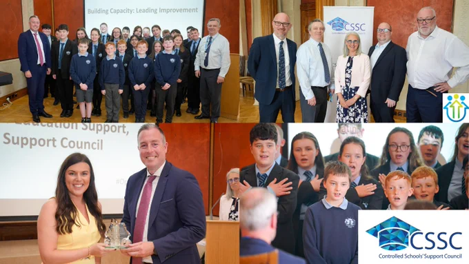Left to right 
Photo (1) Paul Givan, Education Minister; Thornfield House Special School and Mark Baker, Chief Executive, CSSC.
Photo (2) Peter Martin MLA; Mark Baker, Chief Executive, CSSC; Jayne Millar, Head of Education Support, CSSC; David Brooks MLA and David Malcom, Permanent Secretary, Department of Education.
Photo (3) 
Emma Hylands, Principal, Clare Primary School being presented an award by Paul Givan, Education Minister.
Photo (4)
Close up of pupils from Thornfield House Special School choir. 