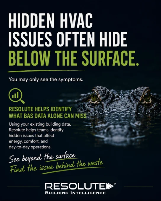 A dark Resolute Building Intelligence graphic showing an alligator partially hidden below the water with text about hidden HVAC issues hiding below the surface.