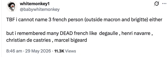 Screenshot of a tweet from @babywhitemonkey from 29 May 2026. It says that they cannot name 3 french person[s], the context being a tweet from Arnaud about a news show in France where the host - David Pujadas - asks the pundits around the table (a sample of the top media figures in France) if they can name 3 living Chinese people, and they cannot.
