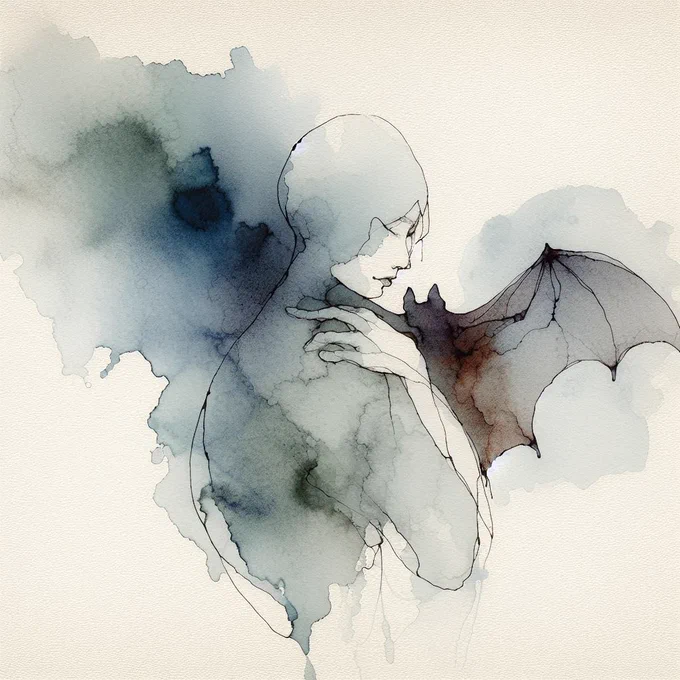 Abstract watercolour and ink illustration of a human figure leaning over a platypus-like creature, rendered in loose black linework with translucent washes of purple, blue, teal, and green. The creature appears dreamlike and fluid, suggesting transformation, hybridity, and the blurred boundary between human and animal.