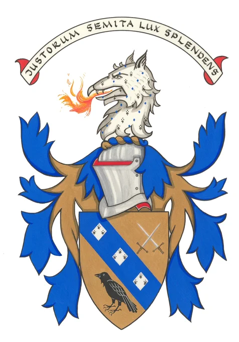 Or on a bend Azure three lozenges Ermine in chief two swords in saltire points upwards Proper and in base a jackdaw Proper.
