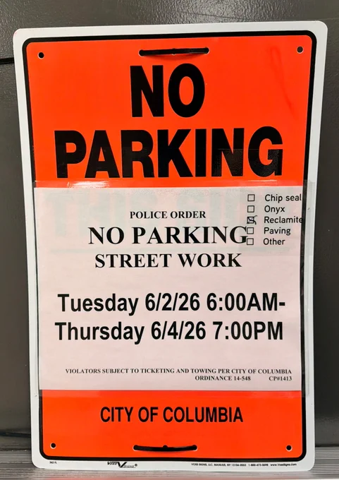 An example of a 2026 'no parking' sign.