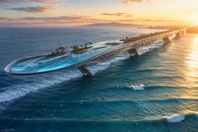 Uma ponte inspirada em uma prancha de surf.

Linhas fluidas, curvas elegantes e o oceano como cenário. 

Esta visão futurista transforma a cultura do surf em arquitetura, criando uma estrutura que parece deslizar sobre as ondas enquanto conecta cidades e pessoas.

#Surf #ArquiteturaFuturista #SurfLife #OceanDesign #FutureEngineering #SurfReport 🌊✨