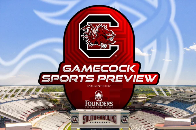 Promotional poster for "Gamecock Sports Preview" with stadium background. Event on Thursday, Aug. 20. Member-exclusive, meet the coaches.