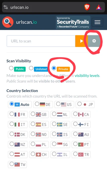 A screenshot of urlscan.io with the gear icon circled for adjusting the search privacy settings, and the Private option selected and circled to specifiy search privacy.