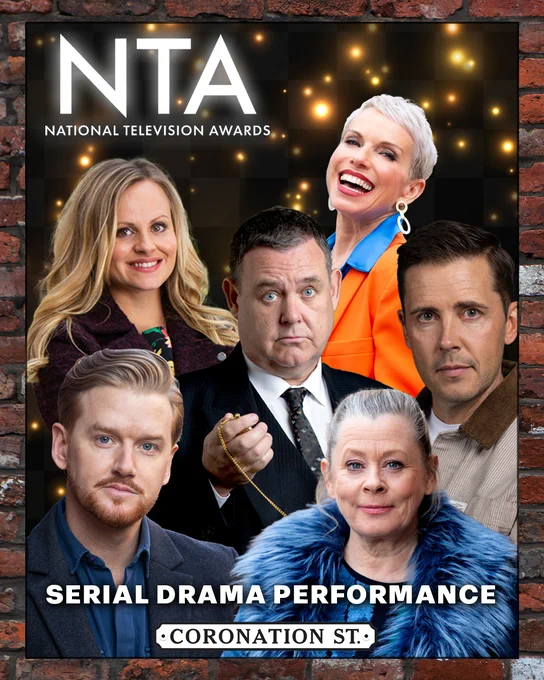 A promotional image to encourage viewers to vote in the NTAs, featuring: Tina O'Brien, Sue Devaney, Mikey North, Tony Maudsley, Gareth Pierce and Jane Hazlegrove.